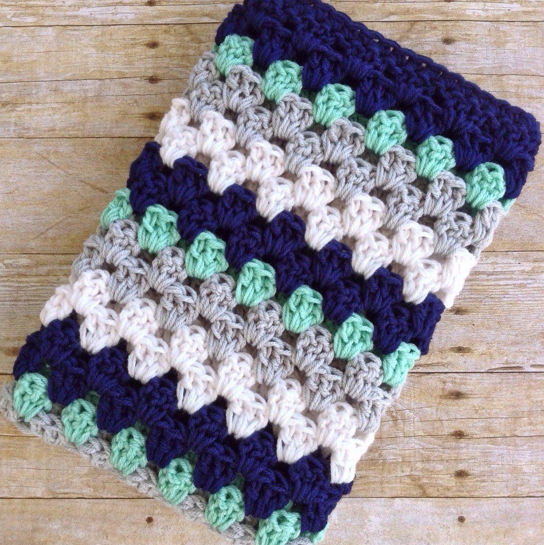 Nautical Crochet Baby Boy Blanket in Navy Mint Grey and White